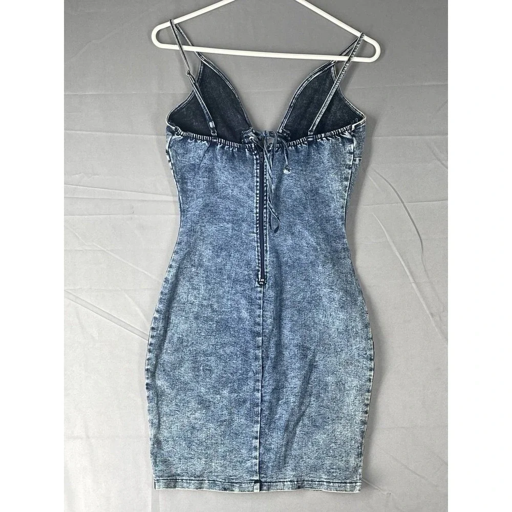 Windsor's Laced Up In Denim Dress Bodycon‎ V-neck Spaghetti Straps Sz S Grunge